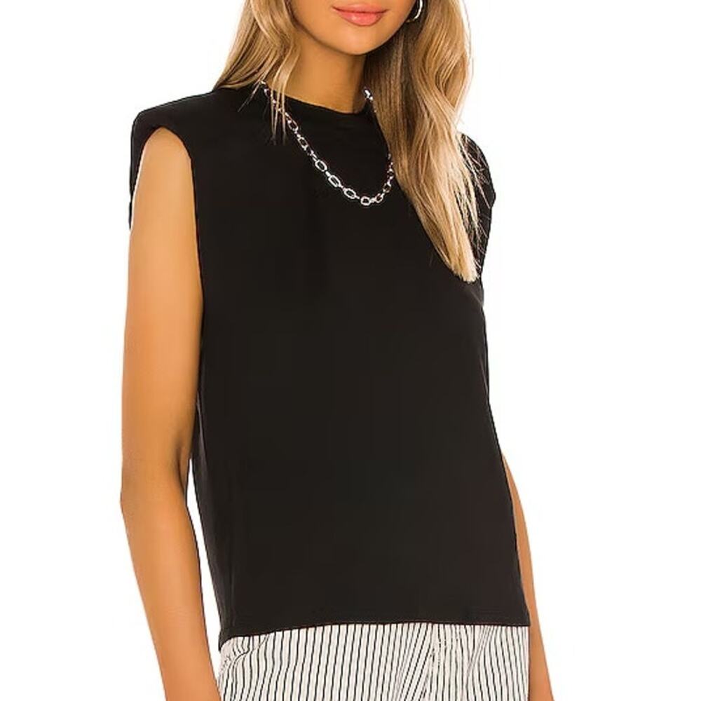Alice + Olivia Braxton Sleeve Tee Black Padded Shoulders Women's Lg